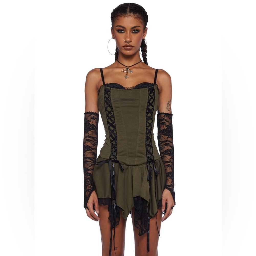 💔SOLD💔CURRENT MOOD Lost Tales Corset Mini Dress Handkerchief Hem Lace Trim - Picture 11 of 14